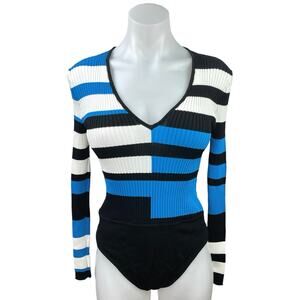 Solid & Striped Blue Black White Striped V Neck Long Sleeve Bodysuit Top Size M